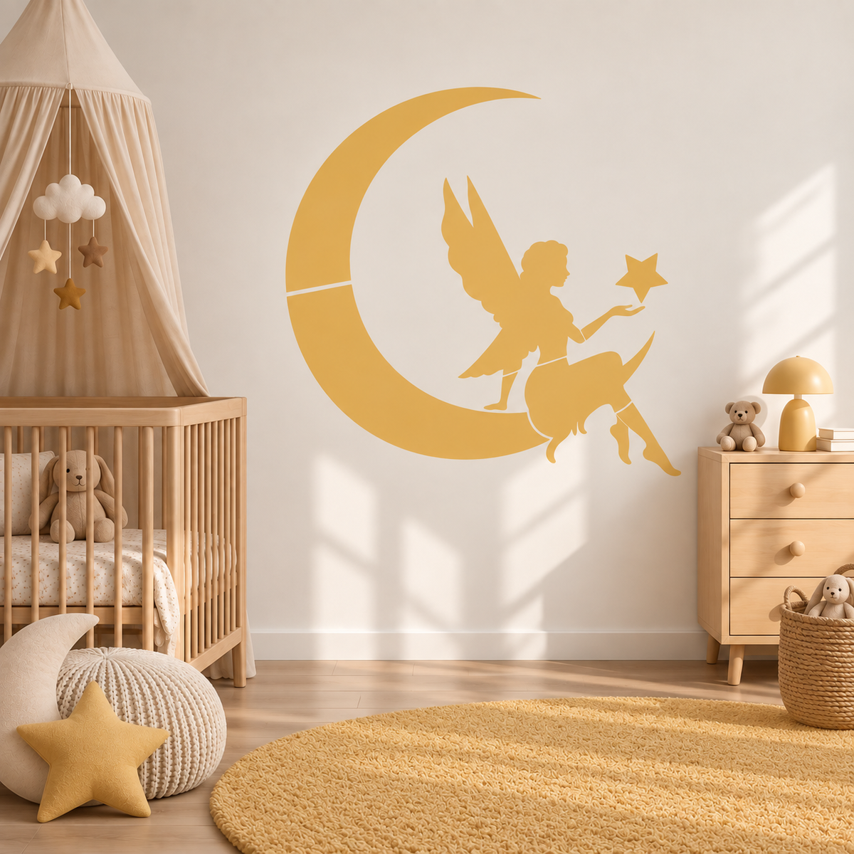 Mustard yellow fairy on moon wall stencil in a warm neutral nursery.