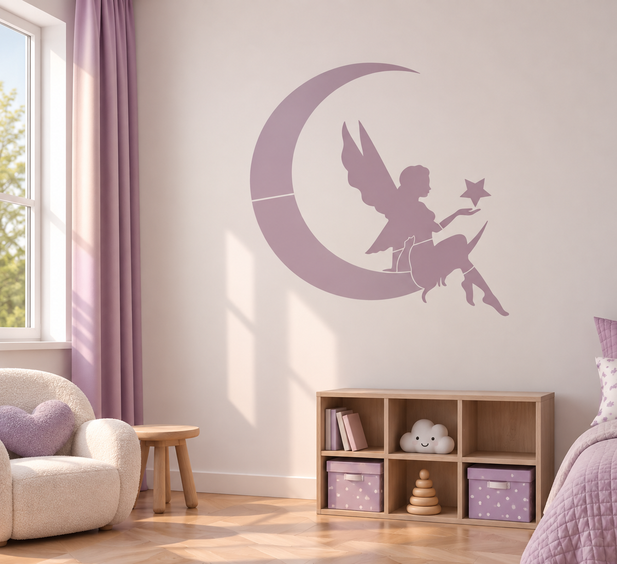 Purple fairy on moon wall stencil in a soft girls’ bedroom.