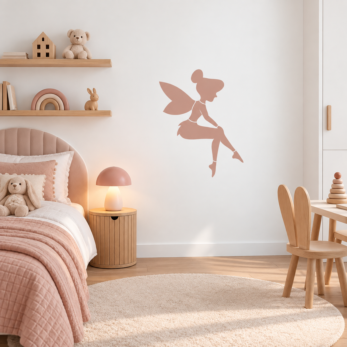 Dusty pink fairy wall stencil in a soft modern girls’ bedroom.