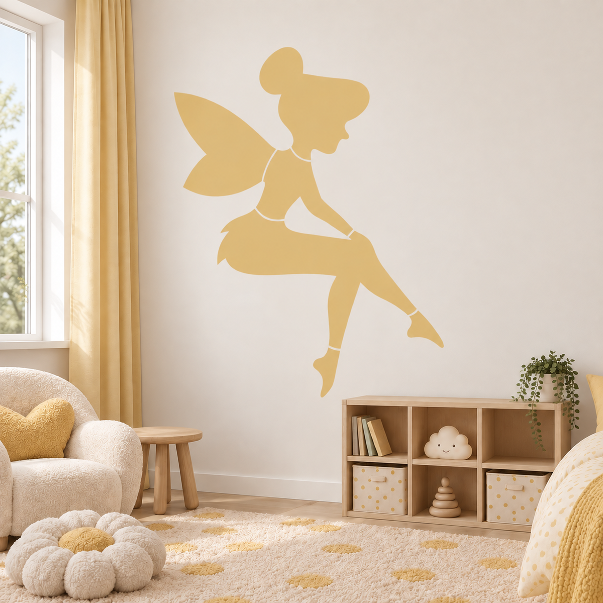 Mustard yellow fairy wall stencil in a warm modern girls’ bedroom.