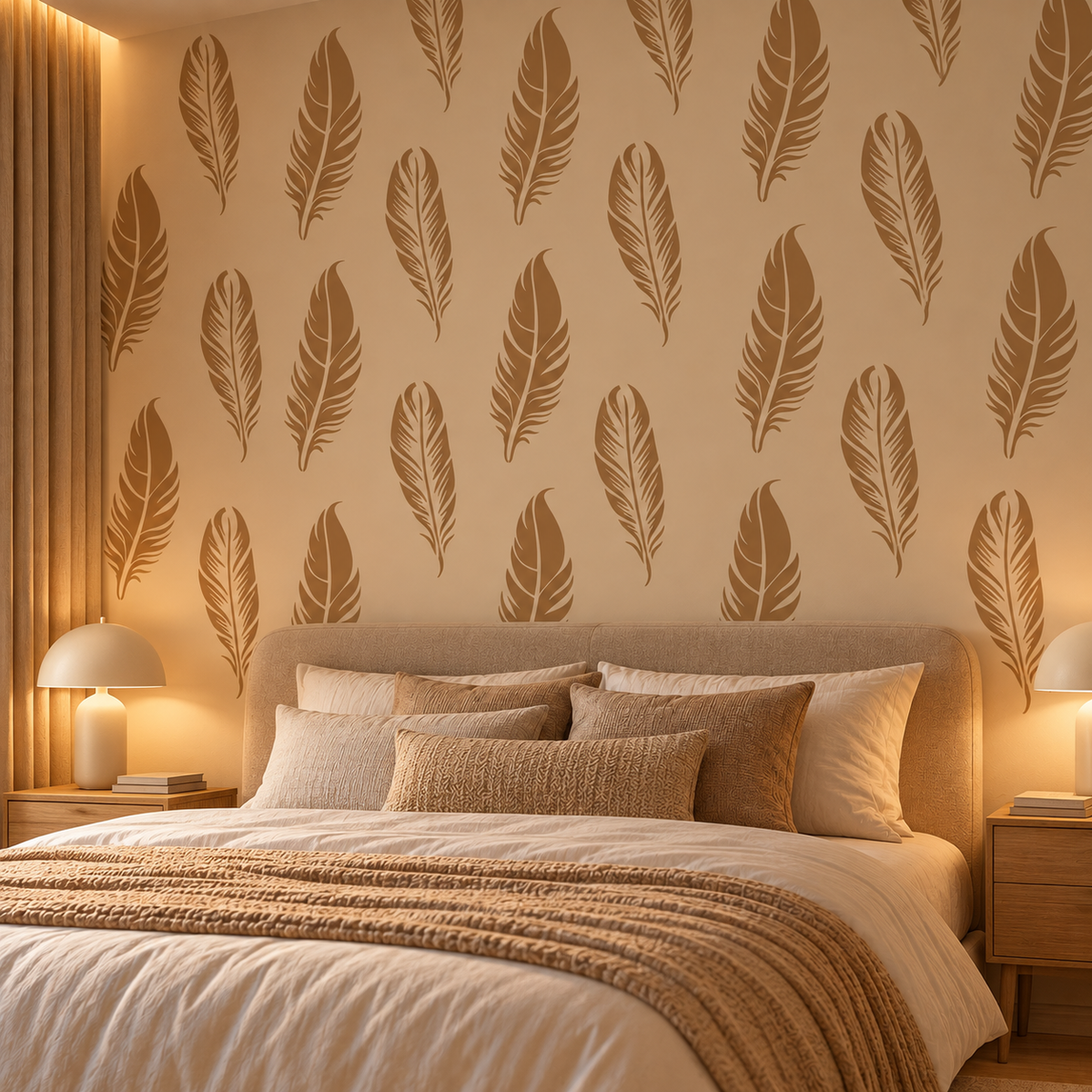 Repeating feather wall stencil pattern in warm brown on a beige bedroom accent wall behind a cozy upholstered bed.
