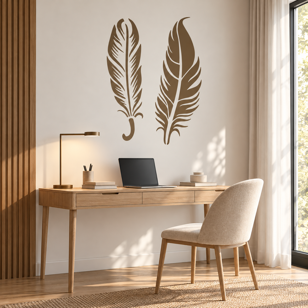 Feather Wall Stencil featuring two large brown feathers above a wooden desk in a bright, minimalist home office.