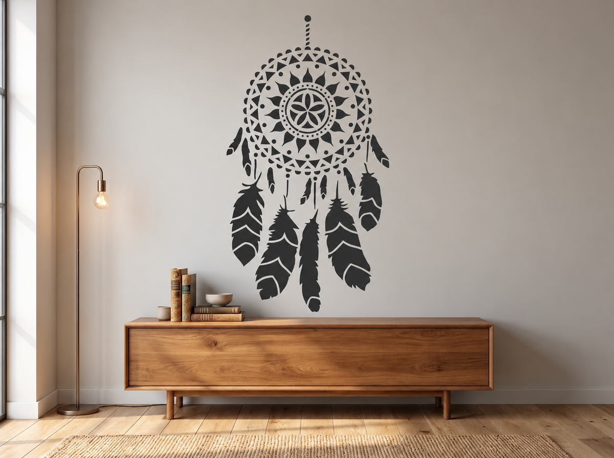Feathered Mandala Stencil in black on a neutral wall above a wooden console