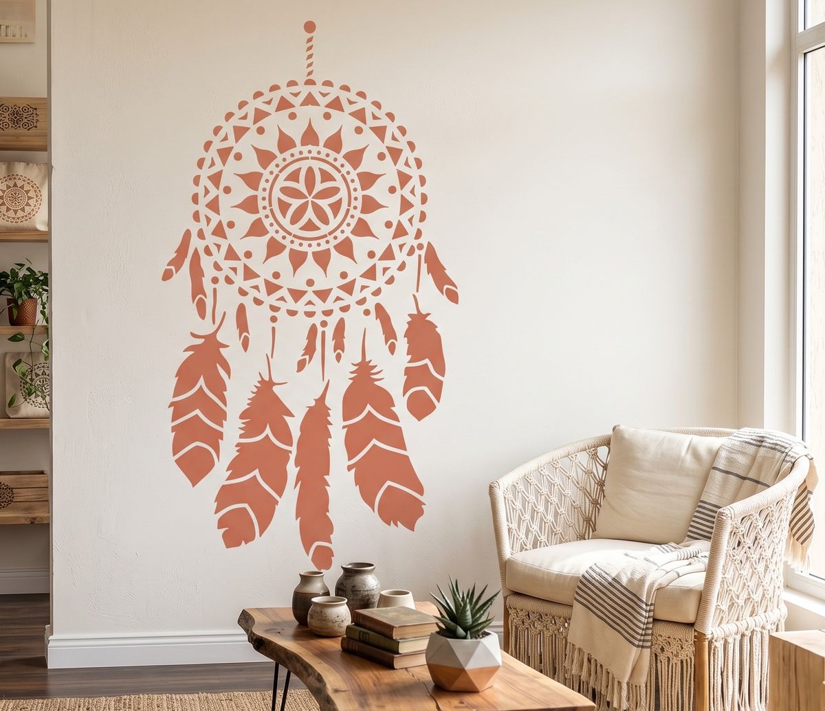 Feathered Mandala Stencil in terracotta on a white wall in a bright boho interior