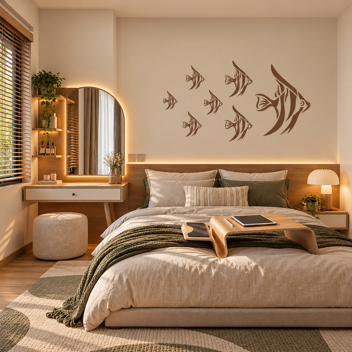 Brown angelfish silhouette stencil set displayed above the bed in a warm modern bedroom with natural wood accents and neutral decor.