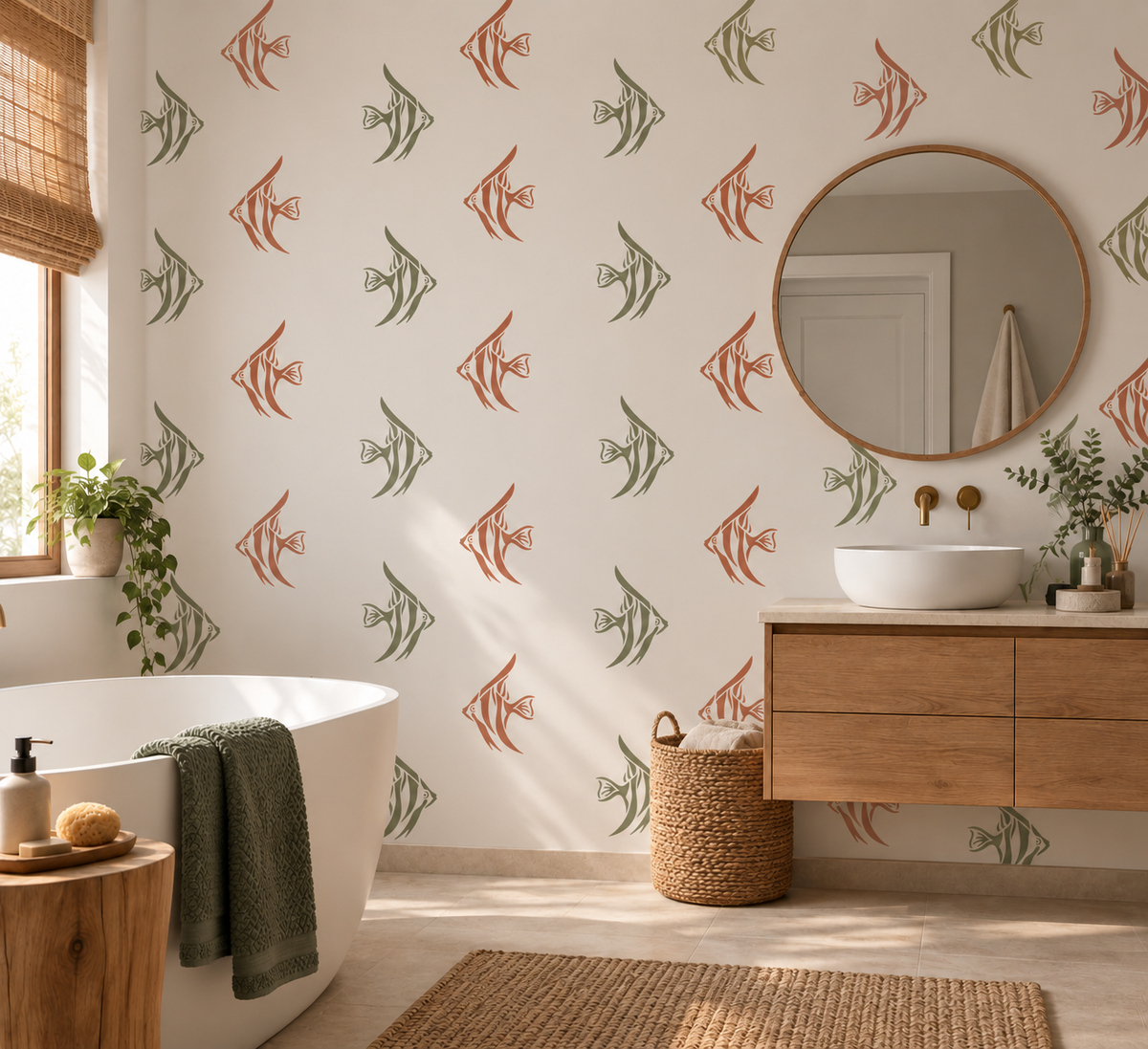 Green and terracotta angelfish silhouette wall stencils painted in a modern bathroom, creating an ocean inspired coastal wall decor with a repeating tropical fish pattern.
