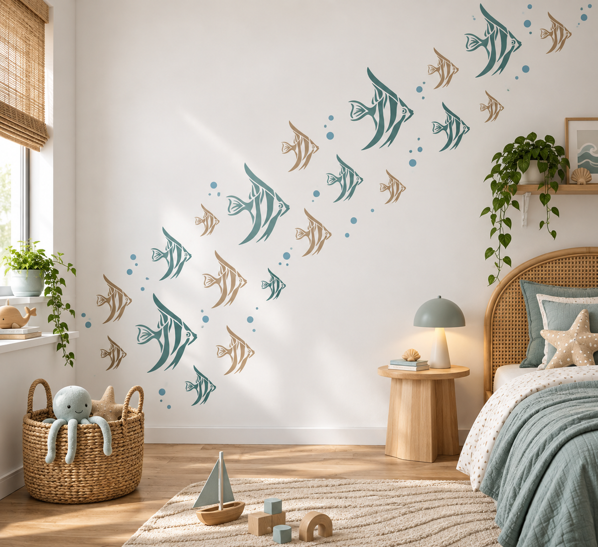 Teal and beige tropical angelfish silhouette wall stencils arranged with bubbles in a cozy kids bedroom, creating ocean themed nursery and children’s room decor.