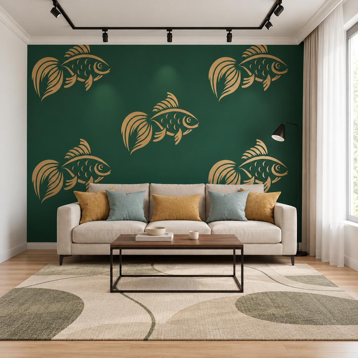 Repeating gold fish wall stencil pattern on a dark green accent wall in a modern living room.