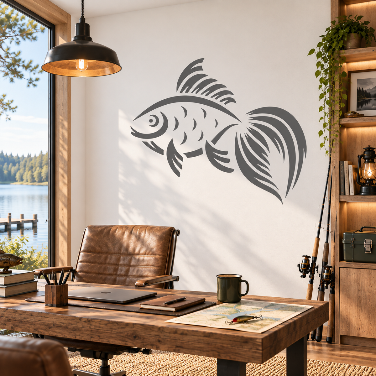 Large gray fish wall stencil in a bright lakeside home office with fishing gear and rustic wooden furniture.
