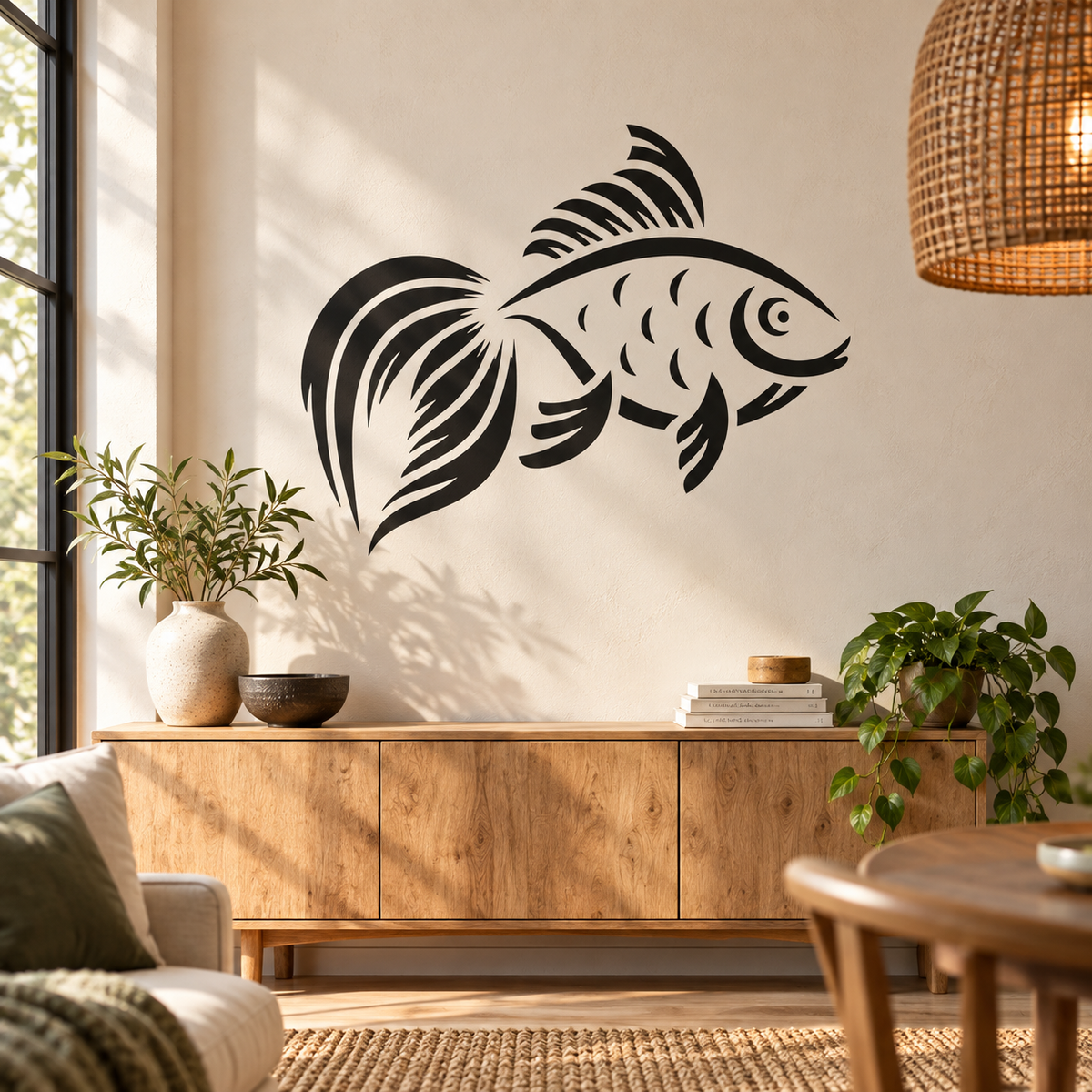 Fish wall stencil in black on a warm neutral wall above a wooden sideboard in a modern natural living room.