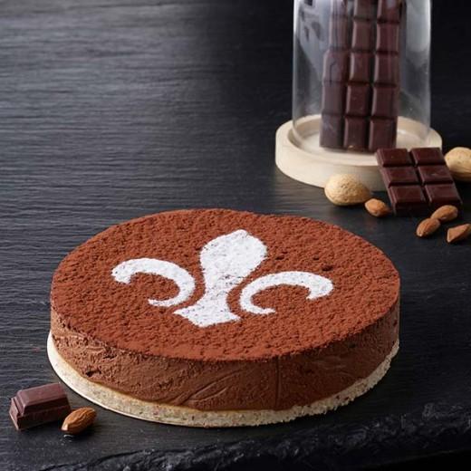 fleur de lis cake stencil design on chocolate dessert with cocoa powder