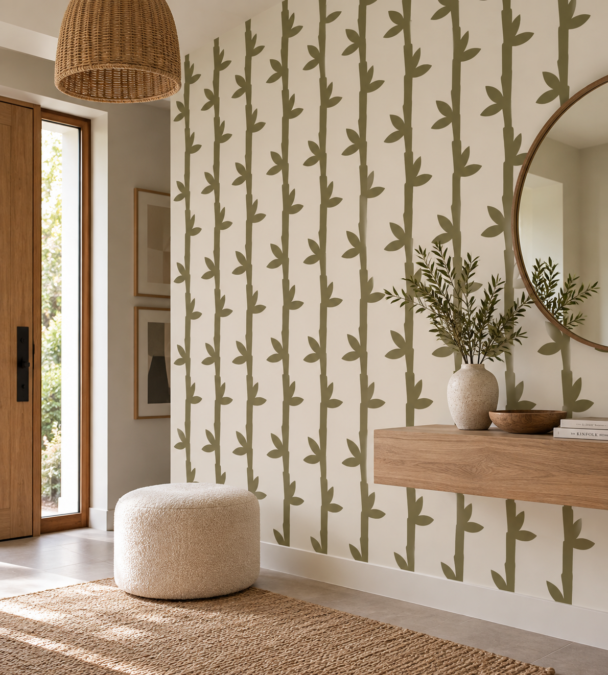Floral Bamboo Repeat Stencil in olive green on a modern entryway feature wall