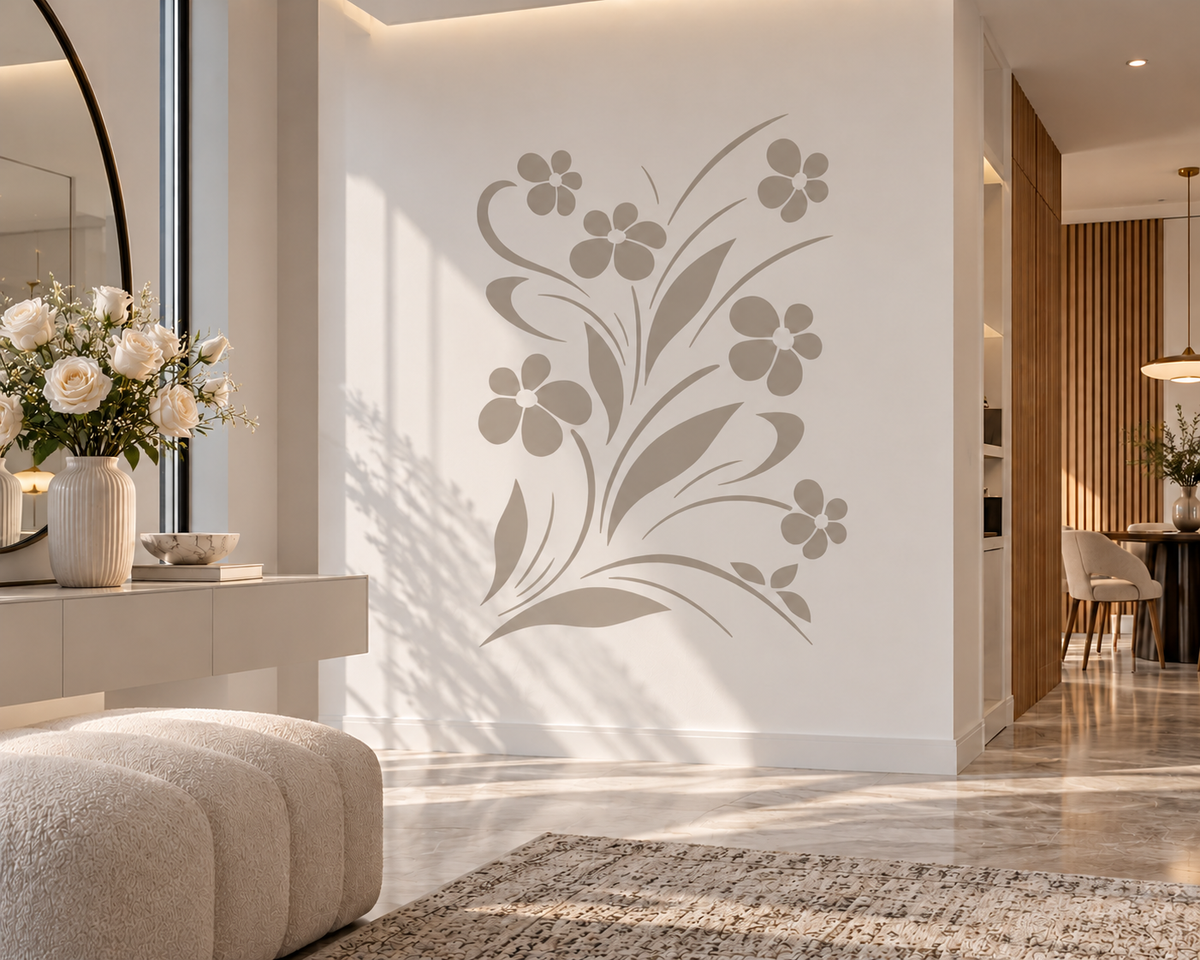 Floral Breeze wall stencil in soft beige on a white entryway wall with modern neutral decor