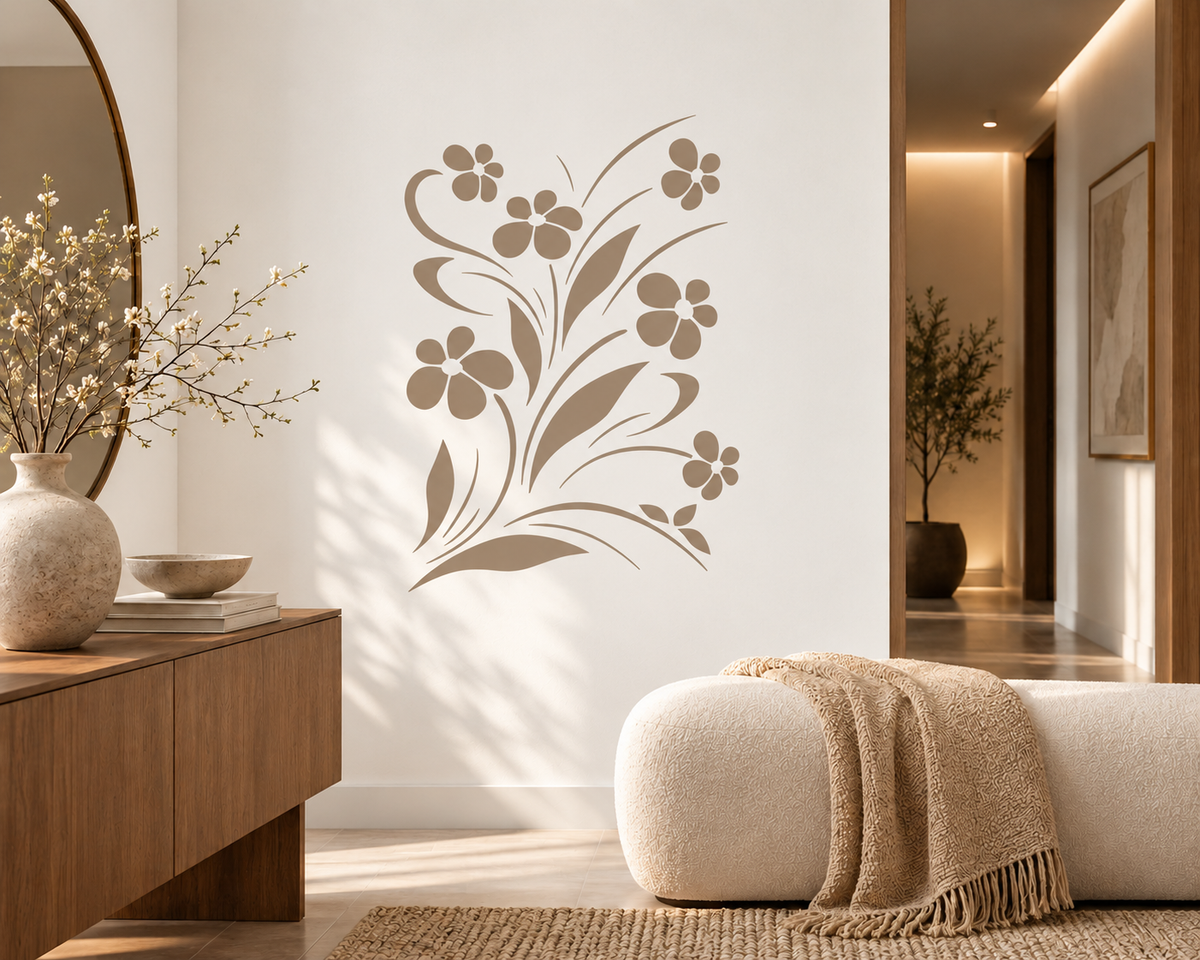 Floral Breeze wall stencil in a neutral beige color on a white wall in a modern living room