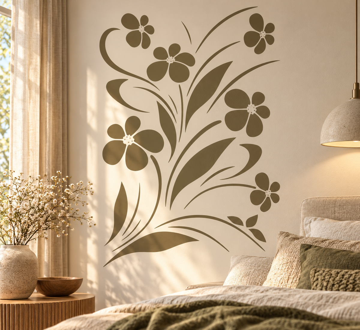 Floral Breeze wall stencil in olive green displayed as large floral wall decor in a cozy neutral bedroom