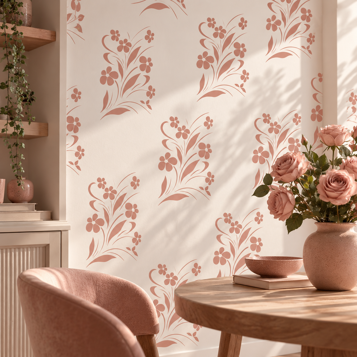 Floral Breeze wall stencil in dusty pink used as a repeating floral pattern in a warm dining room