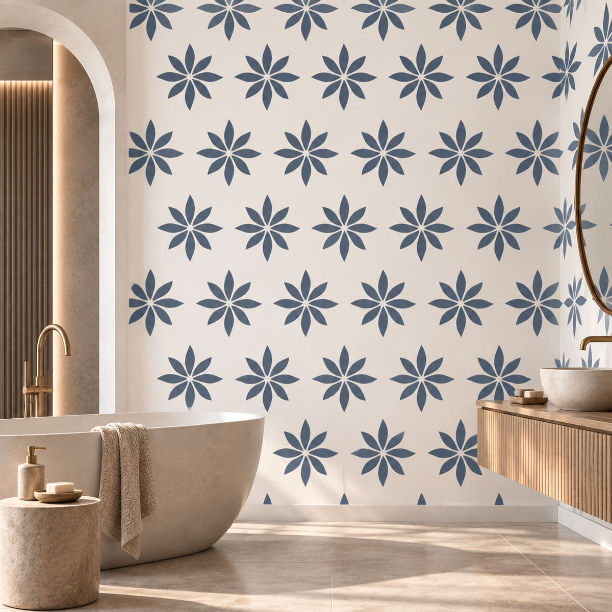 Floral Burst Repeat Stencil in soft blue on a white modern bathroom wall.