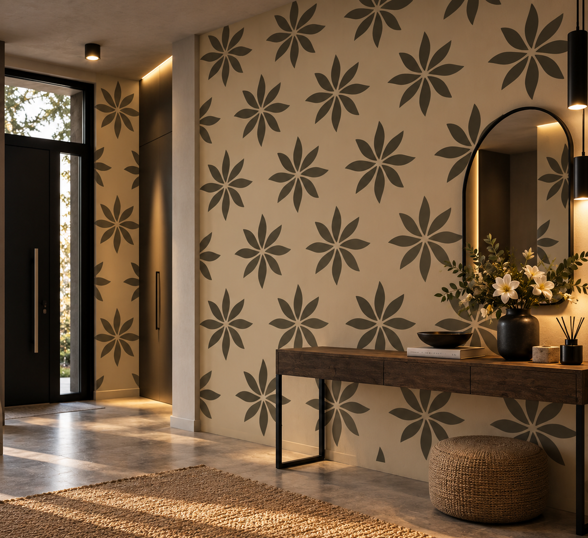 Floral Burst Repeat Stencil in olive green on a warm neutral entryway wall.