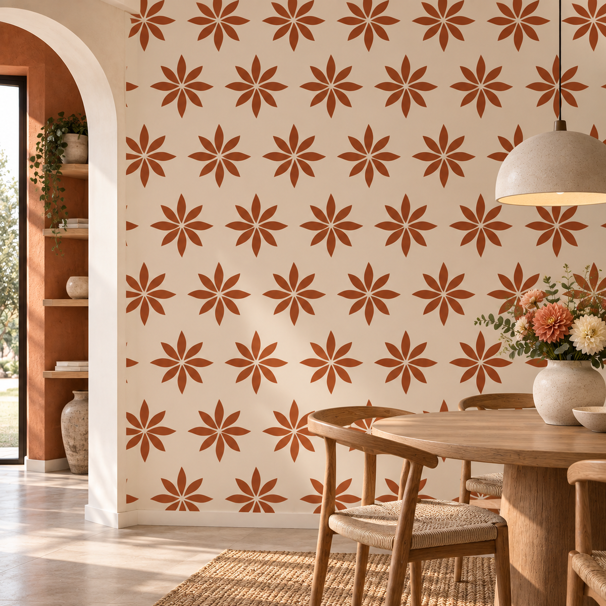 Floral Burst Repeat Stencil in terracotta on a cream dining room wall.