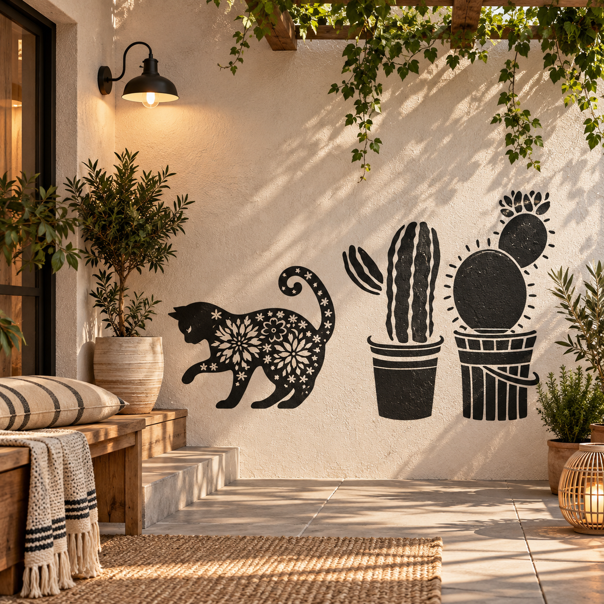 Black floral cat stencil paired with bold cactus designs on a textured outdoor patio wall surrounded by greenery.
