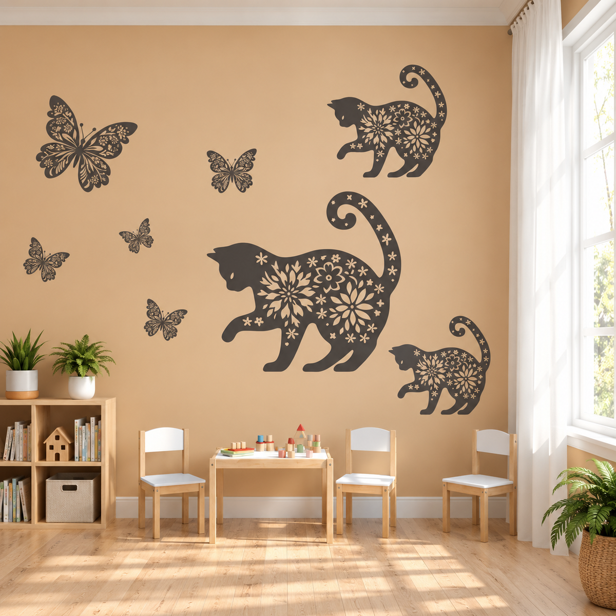 Floral cat stencil with decorative butterflies on a warm beige wall in a bright children’s playroom.
