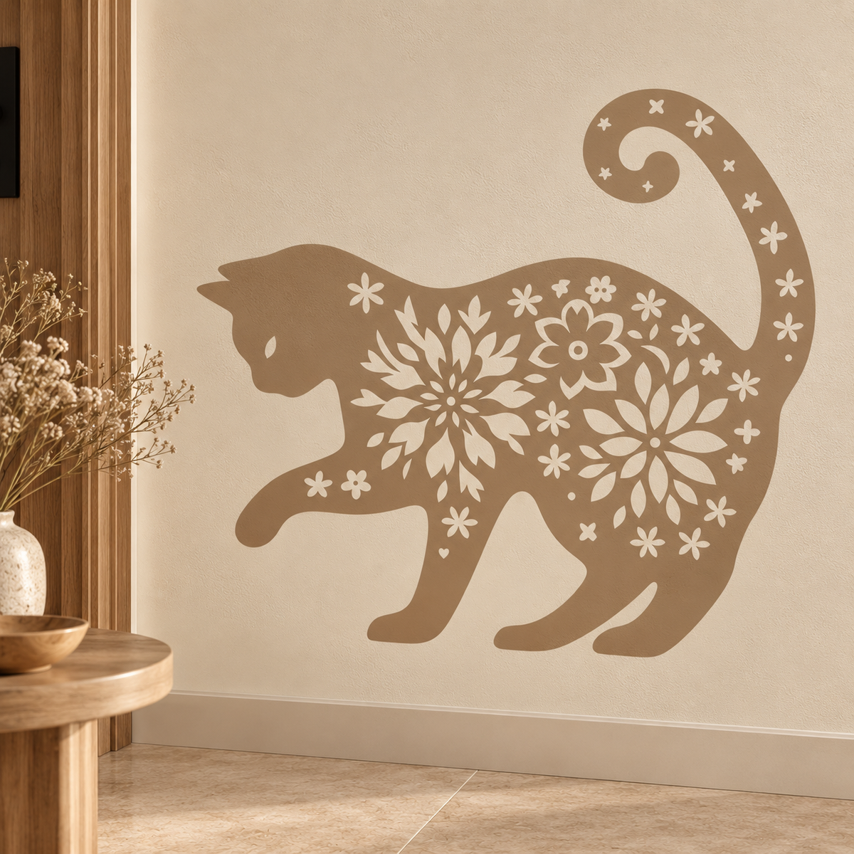 Large tan floral cat stencil on a warm neutral wall with natural wood accents and minimalist decor.