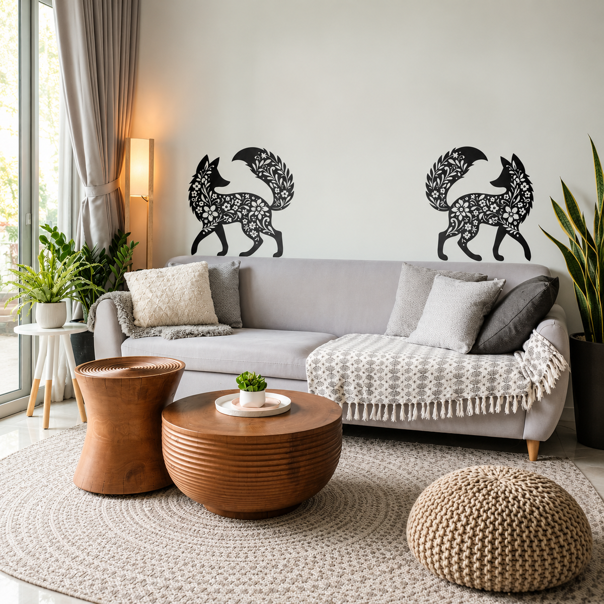 Two black floral fox wall stencils above a gray sofa in a bright modern living room with natural decor.