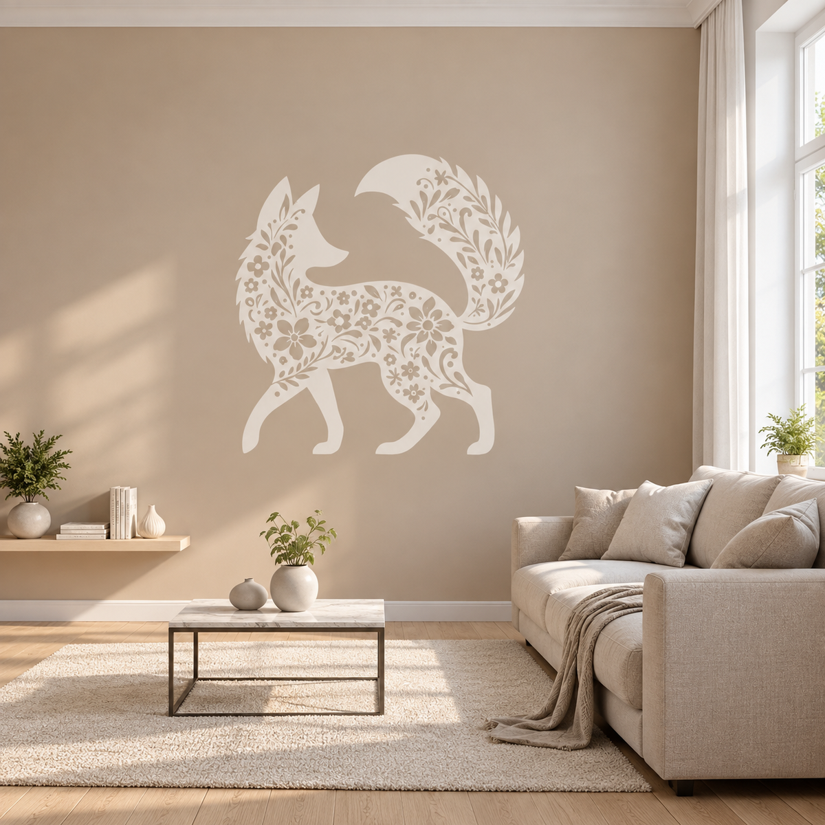 Floral fox wall stencil in white on a warm beige accent wall in an elegant neutral living room.