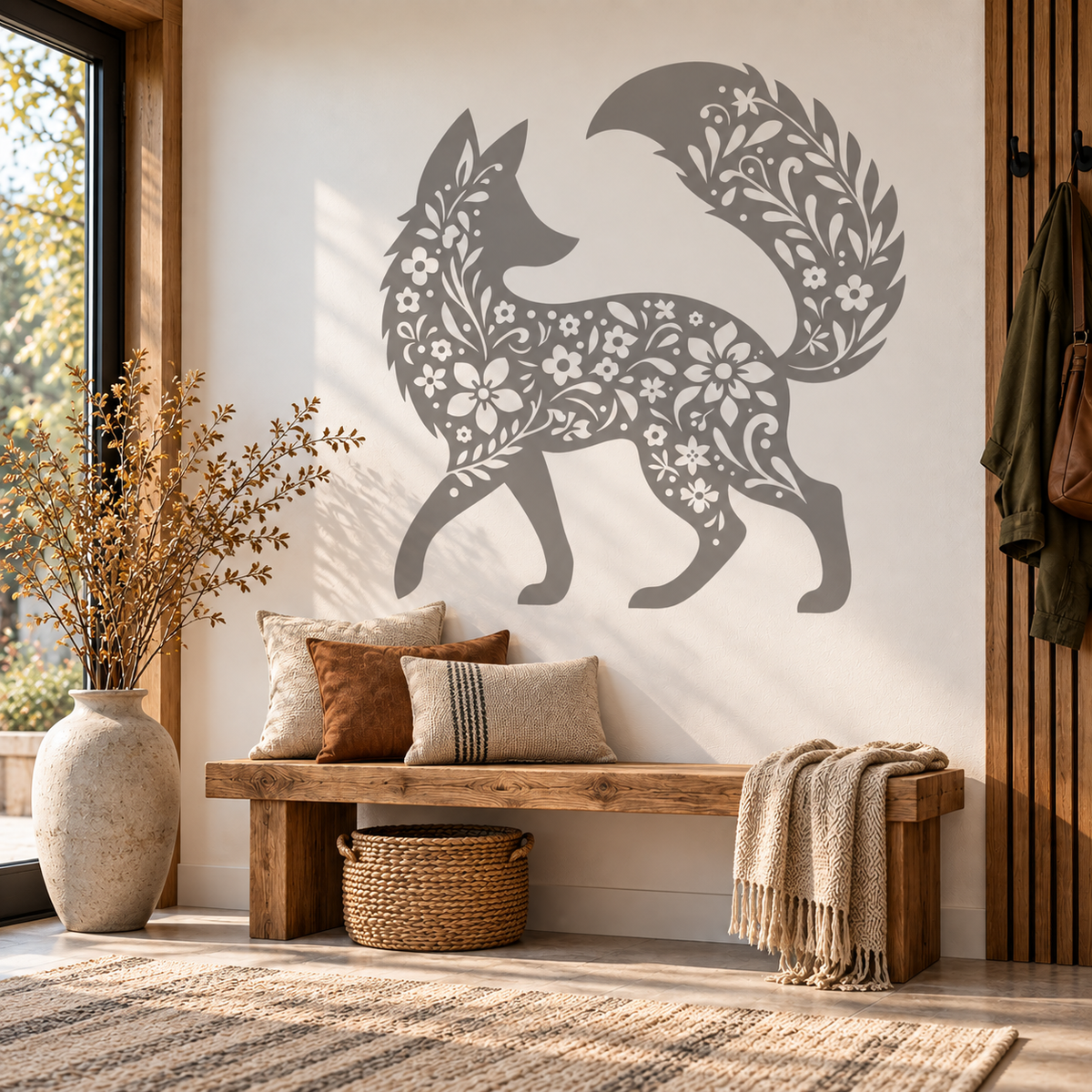 Large gray floral fox wall stencil above a rustic wooden bench in a warm modern entryway.