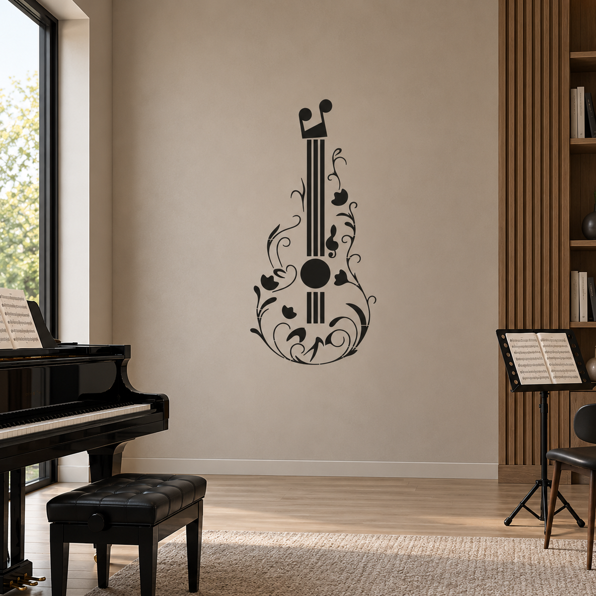 Black floral guitar wall stencil with decorative vines and flowers on a beige wall beside a grand piano in a modern music room.