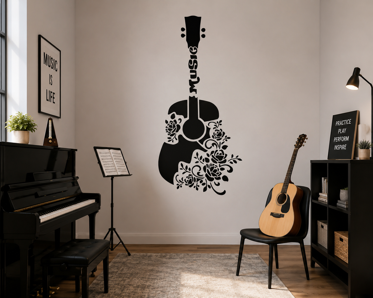 floral-guitar-stencil-music-room-mockup Modern music room featuring a black floral guitar stencil wall design, piano, acoustic guitar, music stand, and minimalist décor.