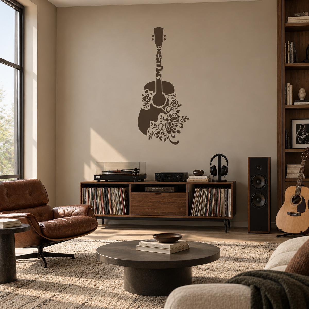 Dark brown floral guitar wall stencil with rose details above a vinyl record cabinet in a cozy music listening room.
