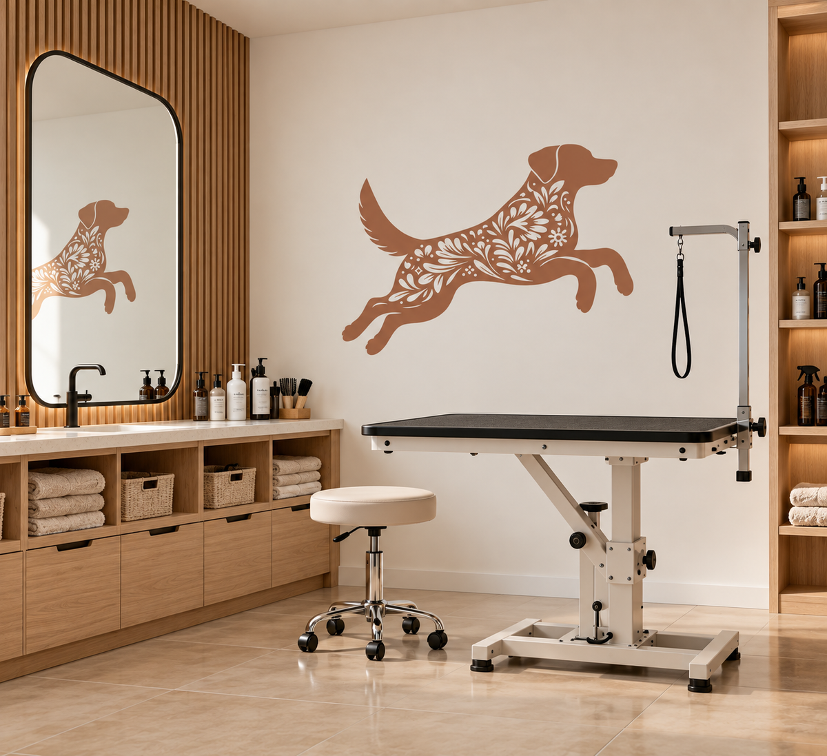 Large floral Labrador stencil in warm terracotta displayed above a professional dog grooming table in a modern natural-wood salon.