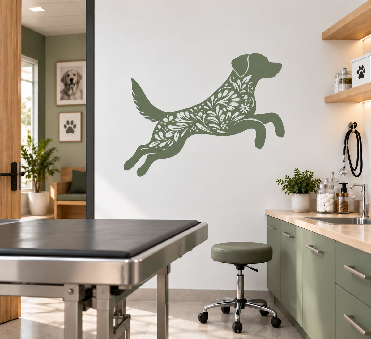 Sage green Labrador stencil with intricate floral cutouts on a white veterinary clinic wall, coordinated with natural wood and green cabinetry.