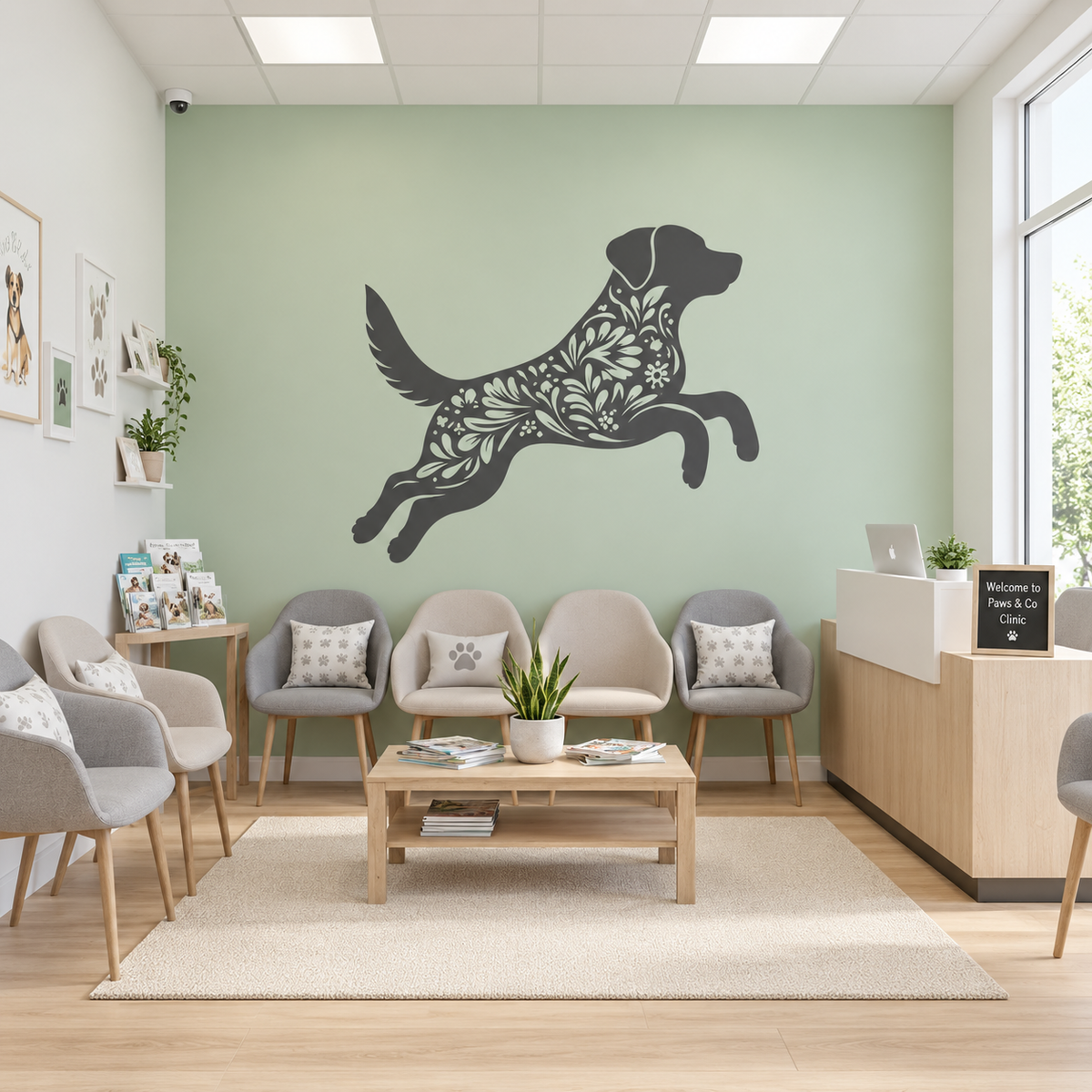 Floral Labrador stencil in charcoal gray on a soft sage wall, creating a welcoming feature wall for a veterinary clinic waiting room.