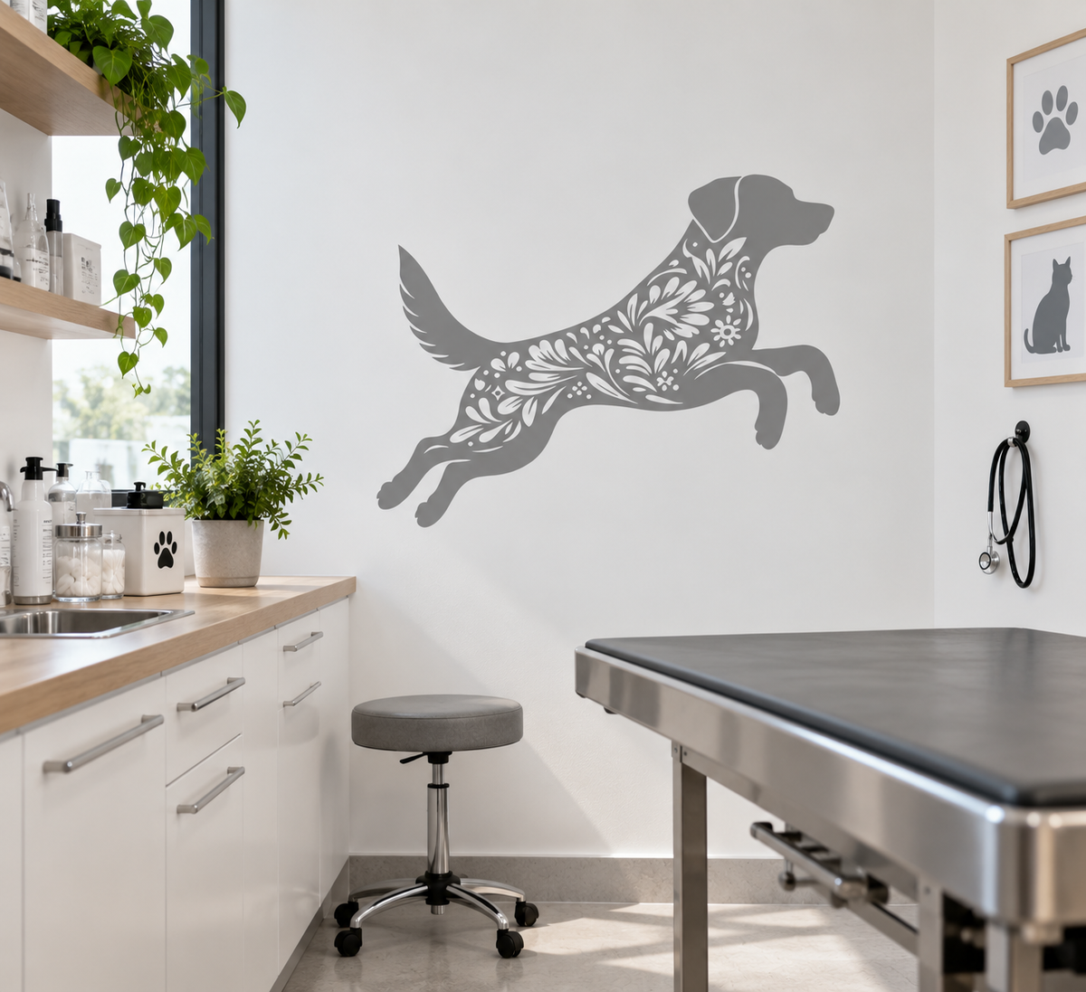 Gray floral Labrador stencil decorating a clean contemporary veterinary examination room with minimalist pet-themed accents.
