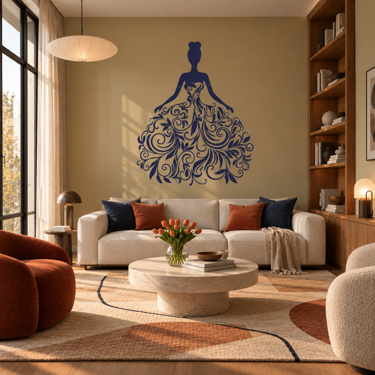 Floral Lady Silhouette Stencil in deep blue featuring an elegant woman in a flowing floral dress with ornamental swirls on a warm beige living room wall above a cream sofa.