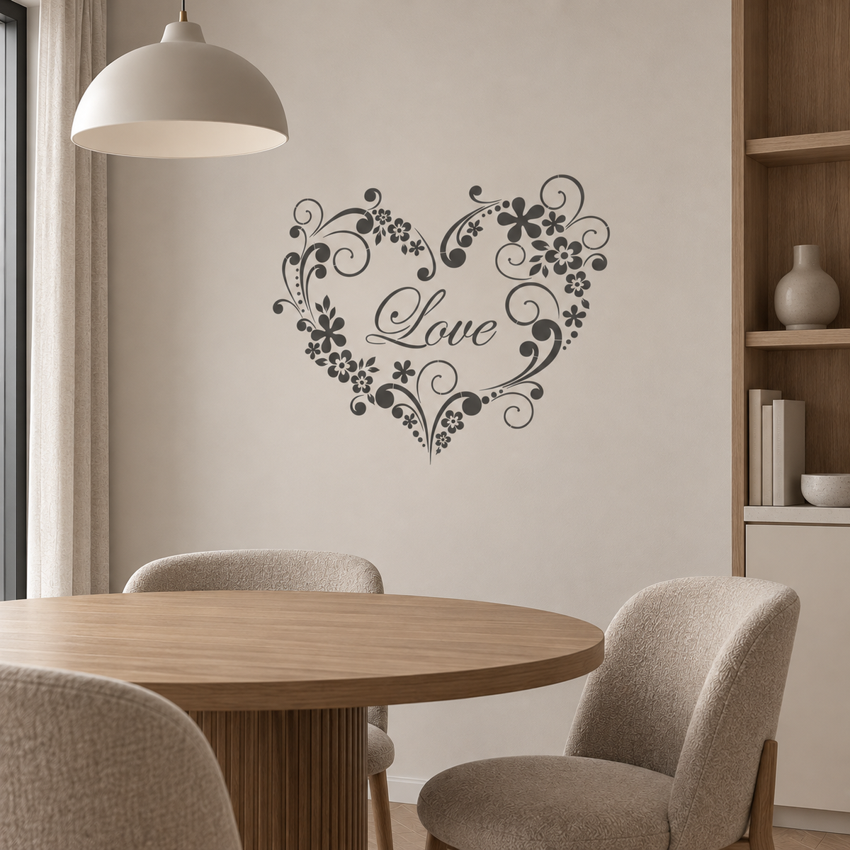 Floral Love Heart Stencil in charcoal gray on a cream wall above a wooden dining table in a modern dining room.