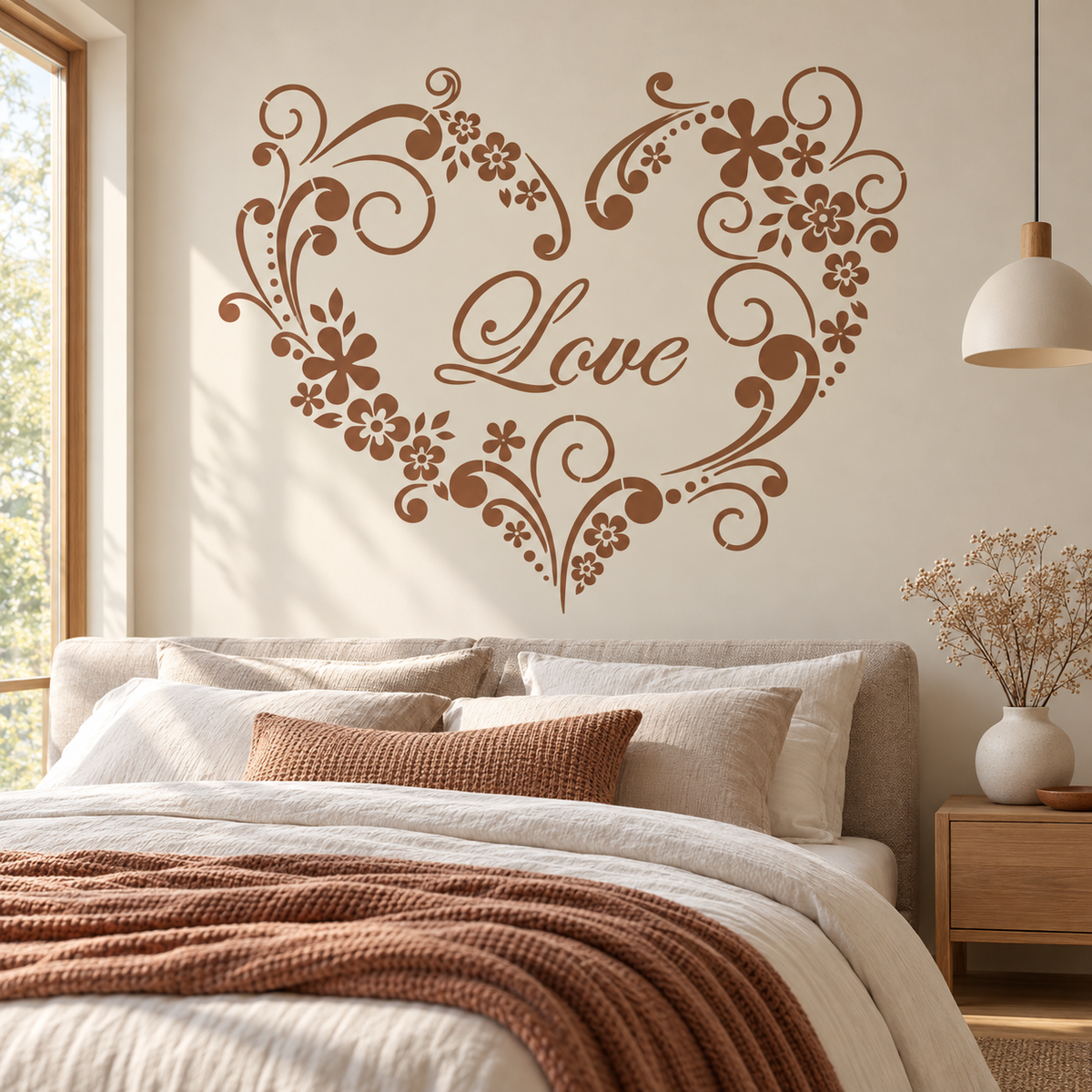 Floral Love Heart Stencil in warm brown above a beige upholstered bed in a cozy romantic bedroom.