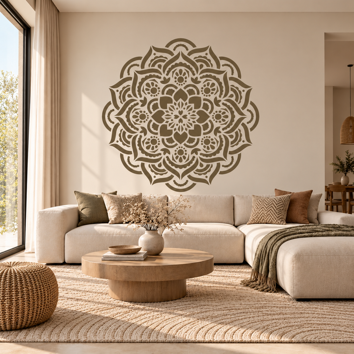 Floral Mandala Stencil in muted olive brown on a beige wall above a cream sectional sofa in a boho-inspired living room.