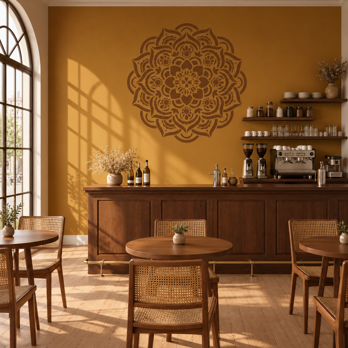Floral Mandala Stencil in dark brown on a mustard yellow wall above a wooden coffee bar in a boho-style café.