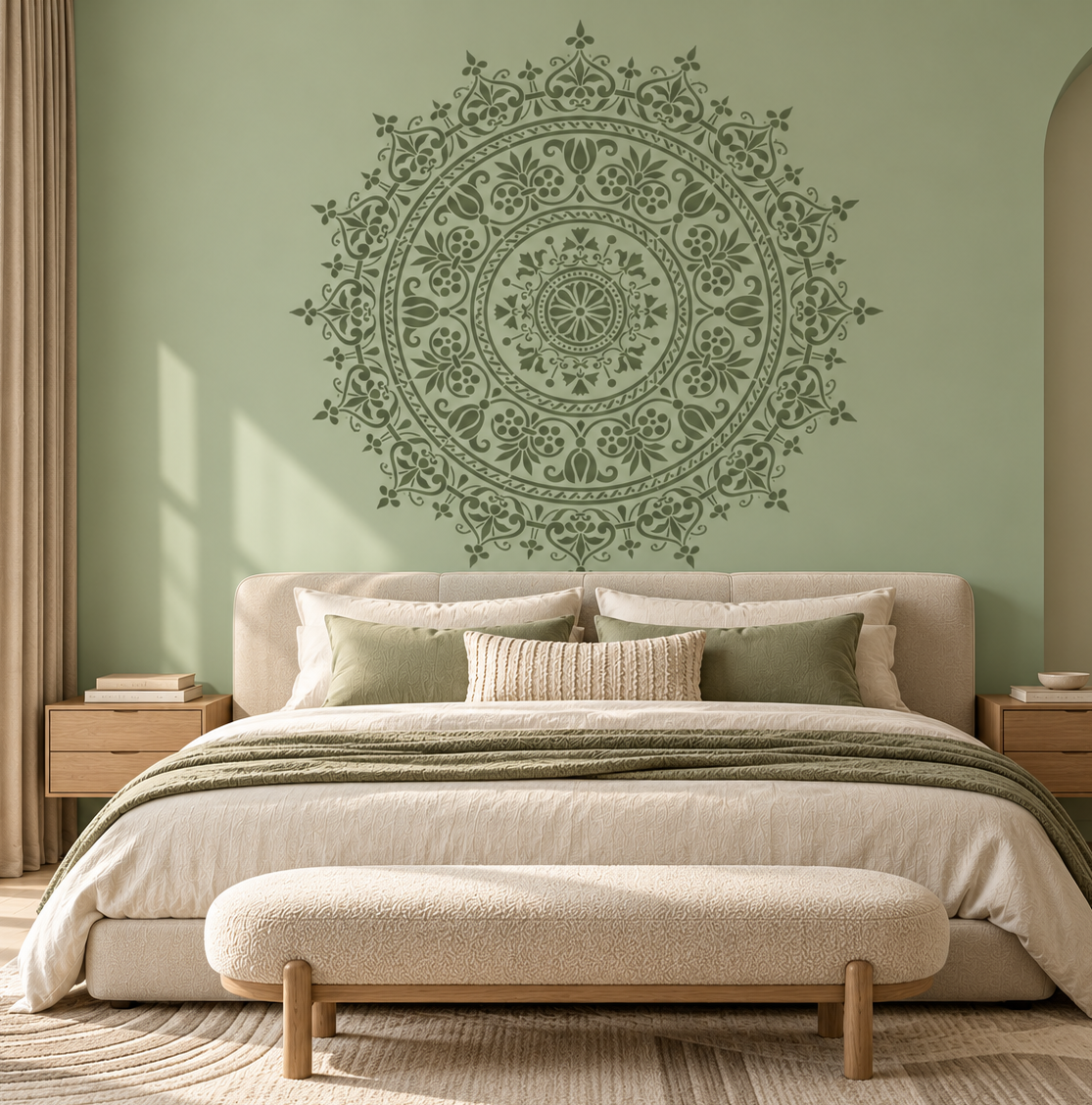 Floral Mandala Stencil in dark olive green on a sage green accent wall above the bed in a cozy modern bedroom.