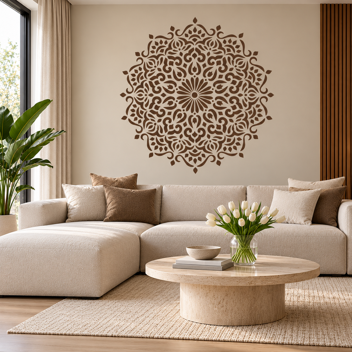 Floral Mandala Wall Stencil in warm brown above a cream sectional sofa in a cozy modern living room.