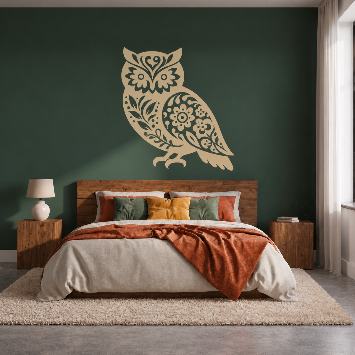 Large floral owl stencil in warm beige against a dramatic forest-green bedroom feature wall with rustic wood furniture and terracotta bedding.