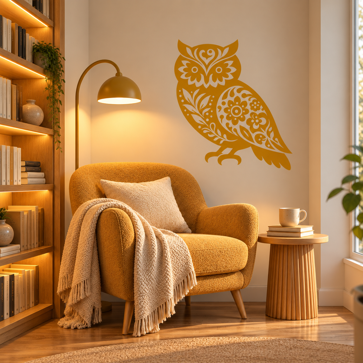 Mustard yellow floral owl stencil creating a cozy focal point in a warm reading nook with an upholstered armchair, bookshelves, and soft lighting.