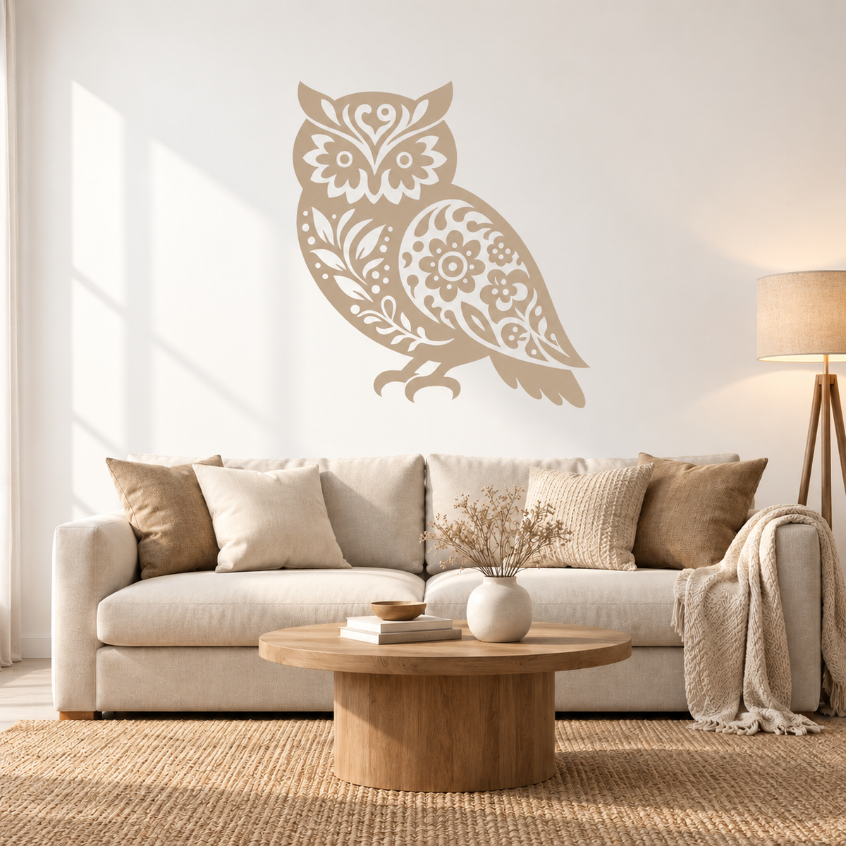 Beige floral owl stencil above a cream sofa in a bright neutral boho living room with natural wood and woven textures.
