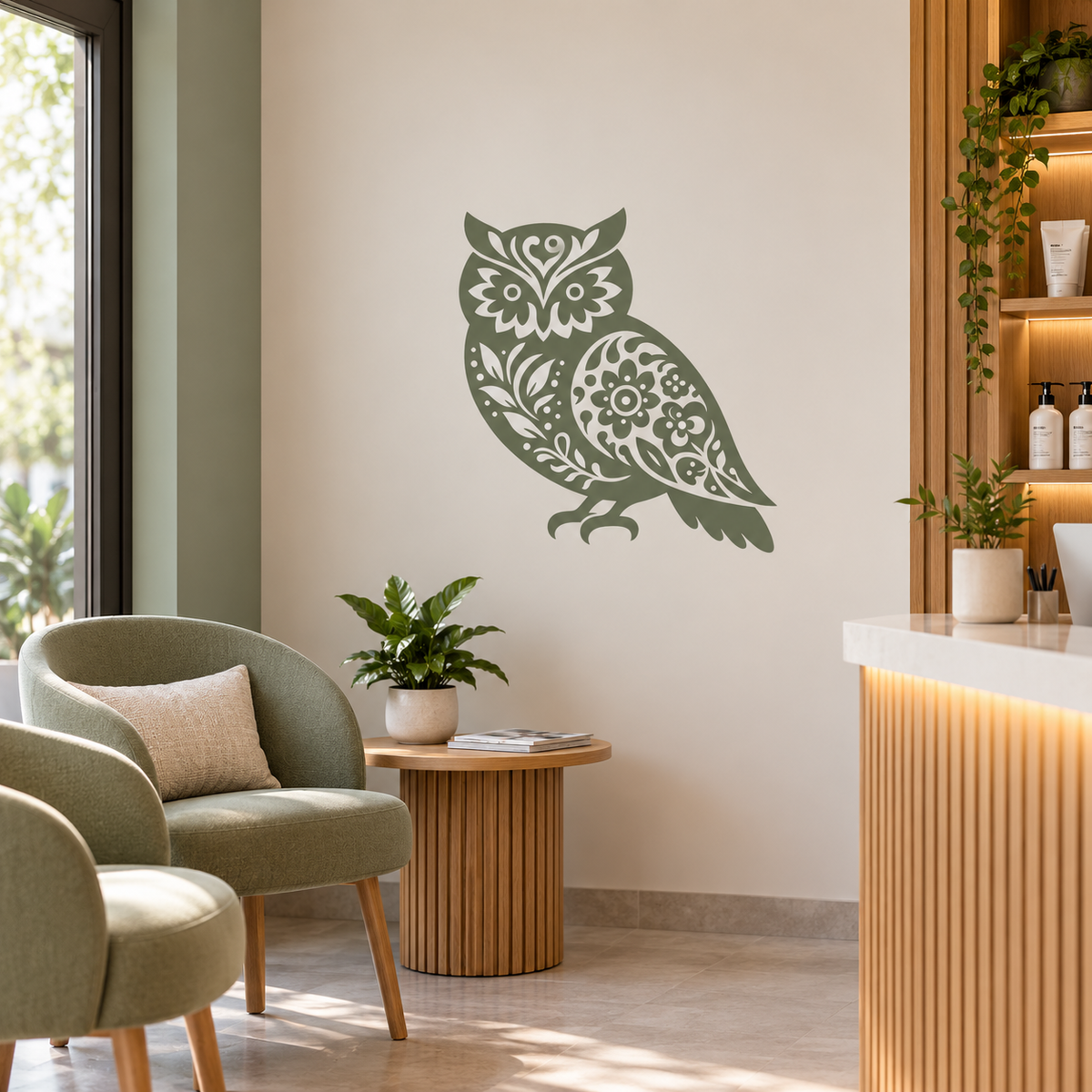 Floral owl stencil in muted sage green on a warm neutral wall, styled in a serene spa or wellness reception area with natural wood accents.