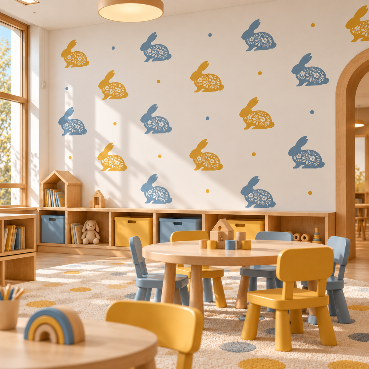 Playful repeating floral rabbit stencils in mustard yellow and dusty blue decorating a cheerful children’s playroom.
