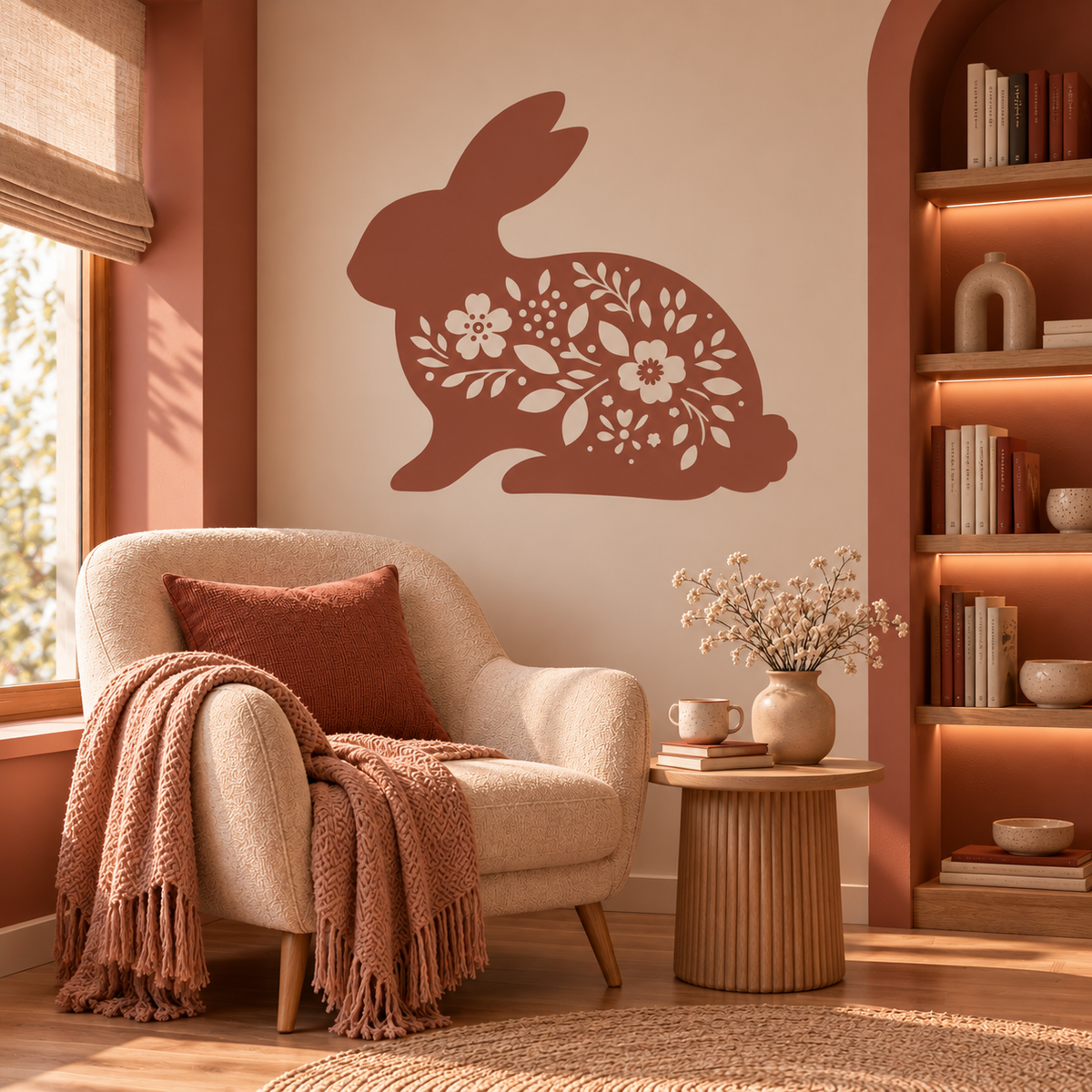 Large terracotta floral rabbit stencil creating a warm focal point in a cozy reading nook with natural wood shelving and cream furnishings.