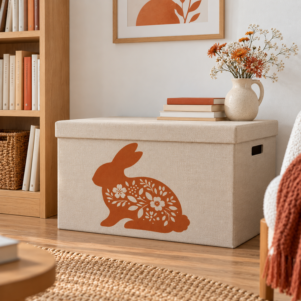 Terracotta floral rabbit stencil decorating a neutral fabric storage chest in a warm, natural home interior.